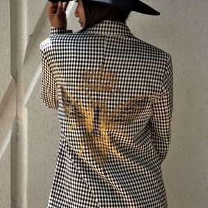 Houndstooth Blazer with Rhinestone Gold Queen Bee